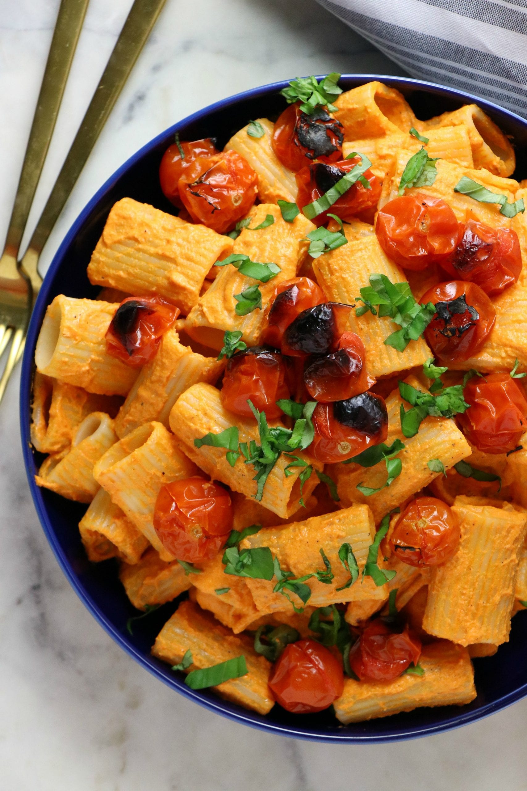 Vegan Roasted Red Pepper Pasta with Blistered Tomatoes