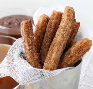 Vegan Oven Baked Churros with Chocolate Ganache and Caramel