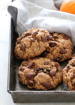 Vegan Pumpkin Oatmeal Raisin Chocolate Chip Cookies