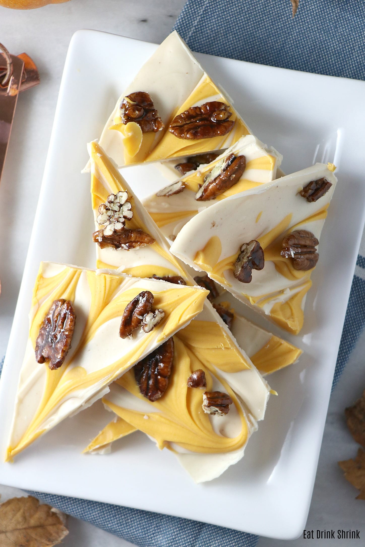 White Chocolate Pumpkin Bark with candied pecans