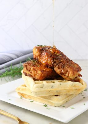 Vegan Crispy Hot Honey Chicken with Rosemary Waffles