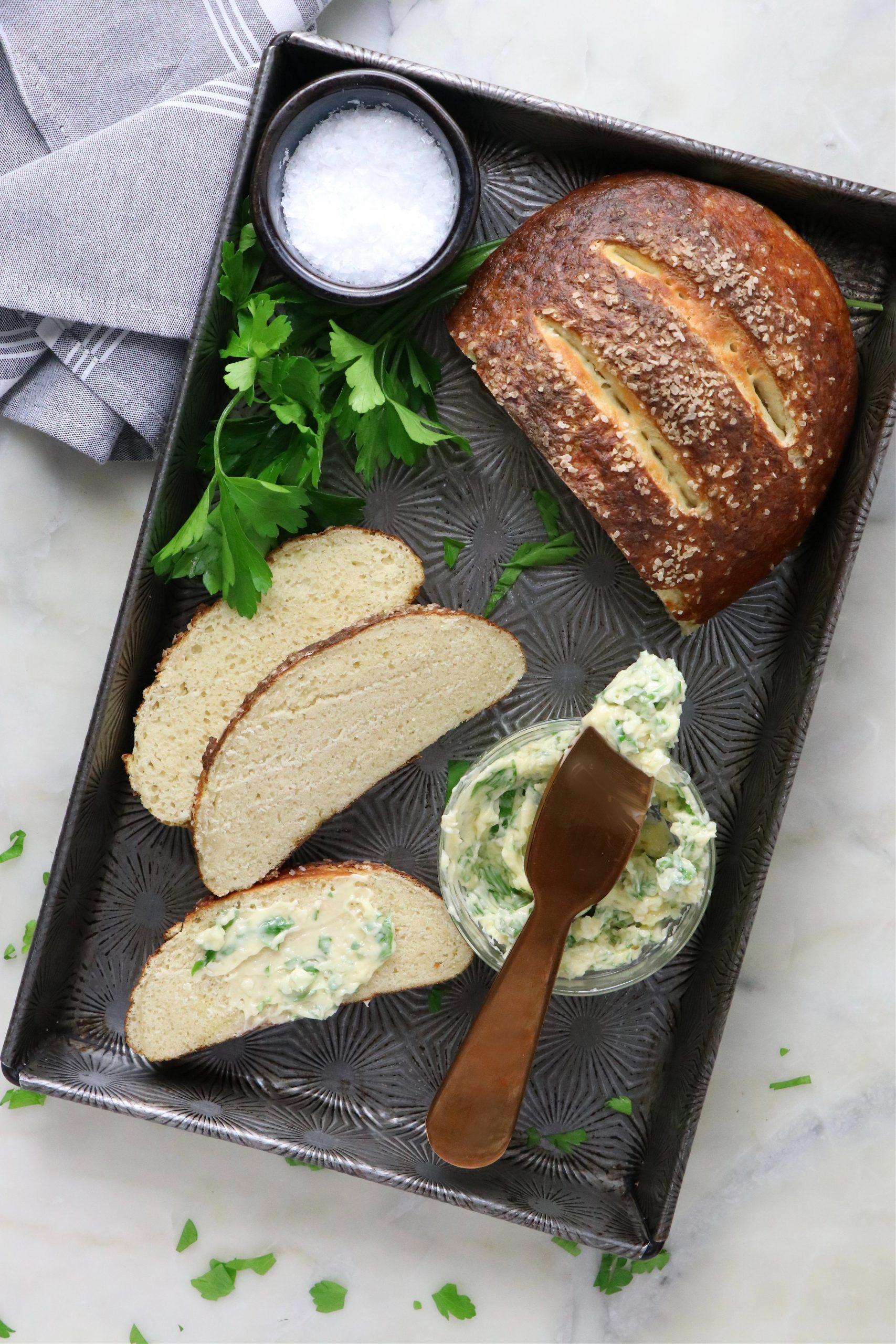 Vegan Pretzel Bread with Garlic + Herb Butter