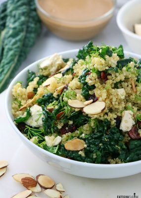 Easy Kale Salad with Quinoa, Almonds and Cranberries in a Creamy Balsamic