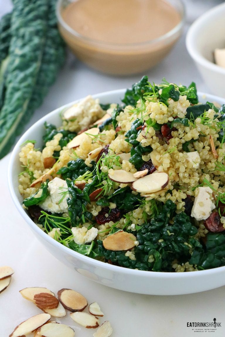Easy Kale Salad with Quinoa, Almonds and Cranberries in a Creamy Balsamic
